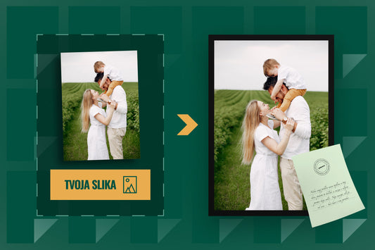Primer porodicne slike u ramu i bez rama. Prikaz fotografije srećne porodice mama, tata i dete, uramljena slika u crnom ramu.