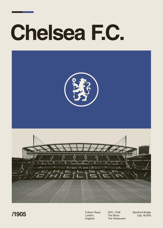 Poster Stamford Bridge sa vibrantnim bojama i detaljima stadiona Chelsea FC.