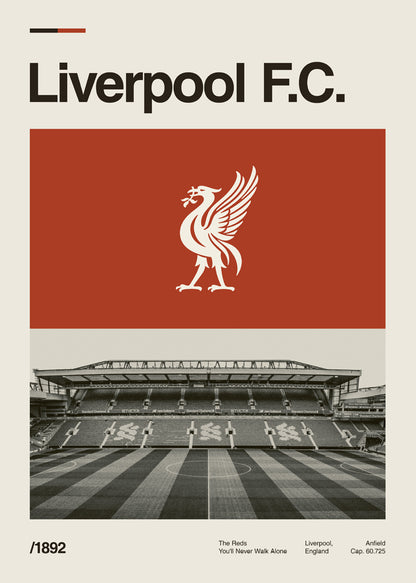 Poster stadiona Anfield - dom FC Liverpool s prepoznatljivim detaljima.